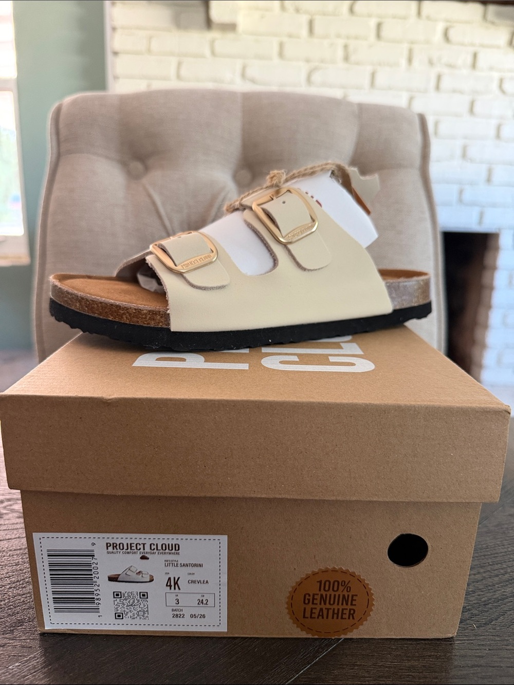 Kids Cream Double-Buckle Sandals with Gold Accents